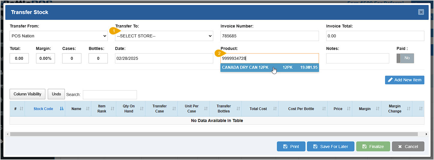 Image showing the Transfer Stock window of the Bottle POS Admin with key features highlighted.
