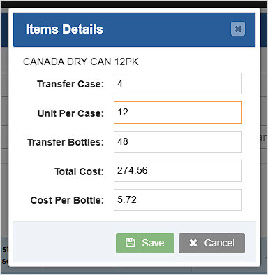 Image showing the Item Details window of the Transfers page of the Bottle POS Admin.