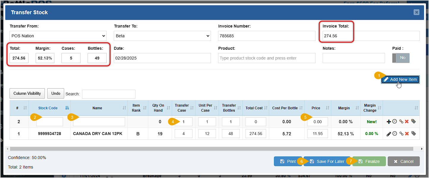 Image showing the Transfer Stock window of the Transfers page of the Bottle POS Admin with key features highlighted.