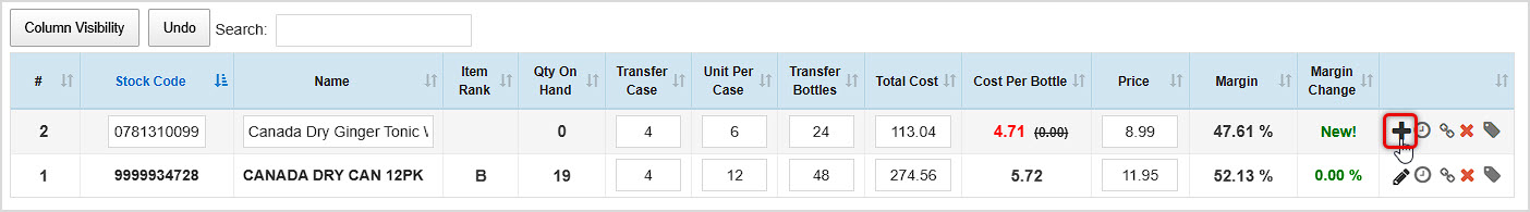Image showing the Transfer Stock window of the Bottle POS Admin with action icons highlighted.