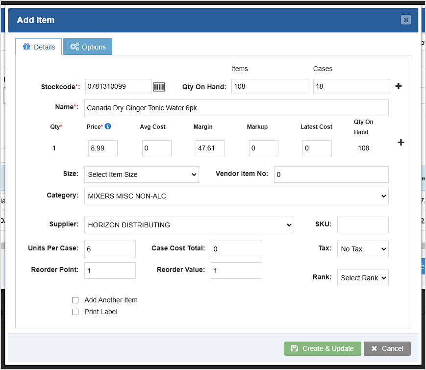 Image showing the Details tab of the Add Item window of the Transfers page of the Bottle POS Admin.