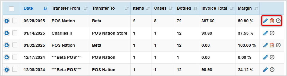Image showing the Transfers page of the Bottle POS Admin with action icons highlighted.