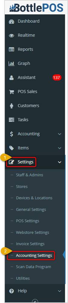 Image showing how to get to the Accounting Settings area of the Settings menu in the  system's Admin.