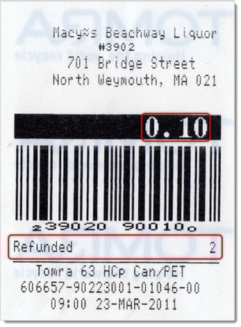 Image showing a sample Tomra bottle deposit return printout.