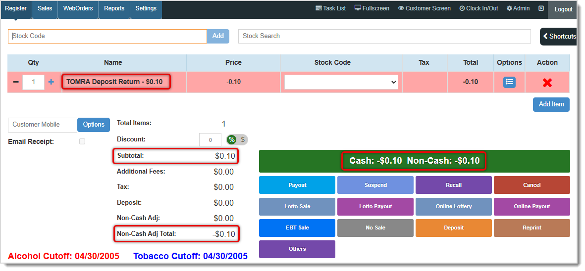 Image showing a Tomra Bottle Deposit Return in the  Register.