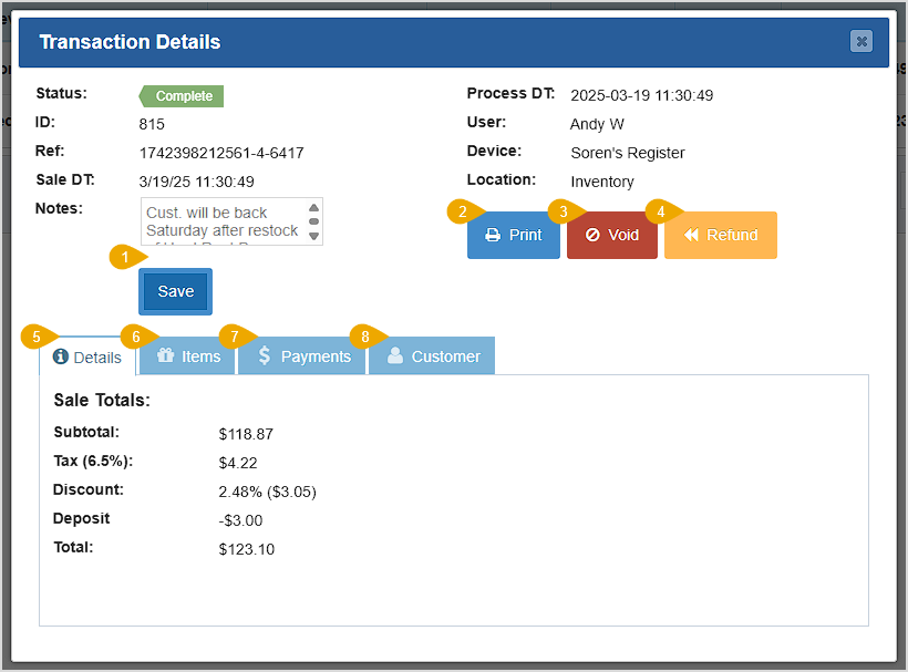 Image showing the Bottle POS app's Transaction Details, with major functions highlighted.