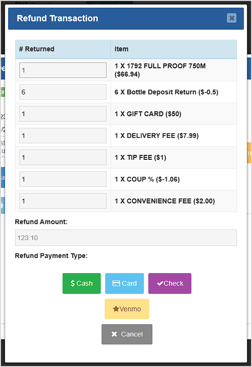 Image of the Refund Transaction window in the Bottle POS, showing the items being returned, the refund amount, and the payment types that were used.