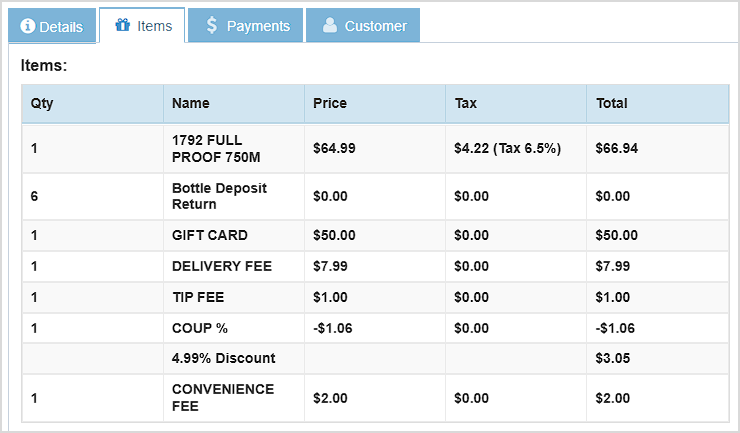 Image of the Items tab of the Bottle POS Transaction Details window showing information about all items in the transaction.