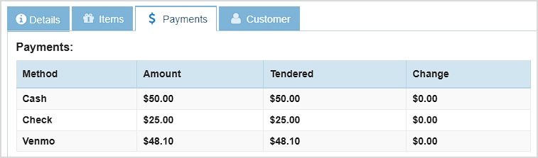 Image of the Payments tab of the Bottle POS Transaction Details window showing information about all payment methods used in the transaction.