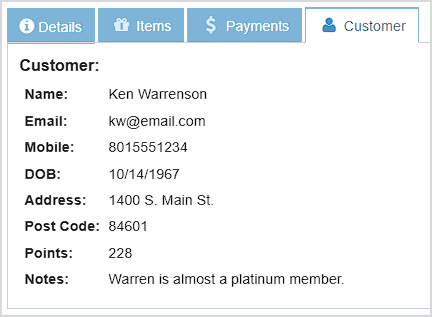 Image of the Customer tab of the Bottle POS Transaction Details window showing information about the customer in the transaction.