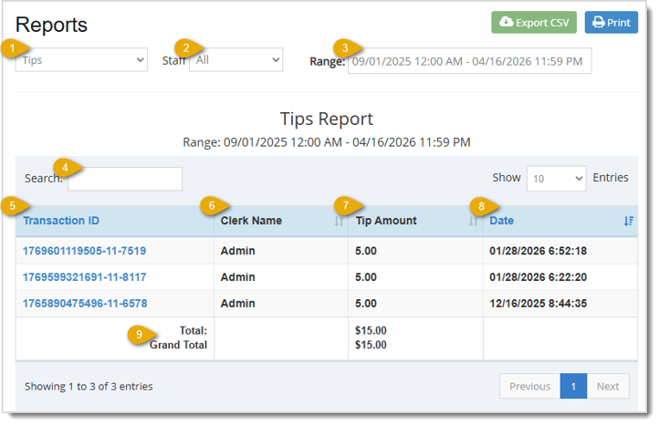 Image of the Bottle POS Admin Reports page displaying the Tips Report with major functions highlighted.