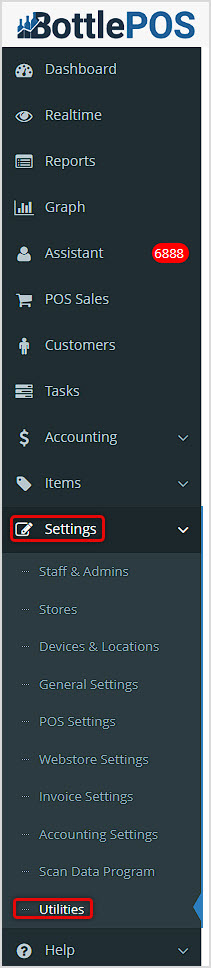 Image showing the Utilities area of the Bottle POS Admin app's main settings menu.
