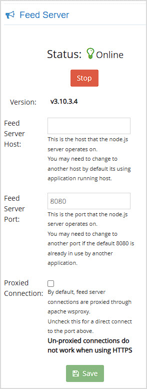 Image showing the Feed Server area of the Utilities page Bottle POS Admin.