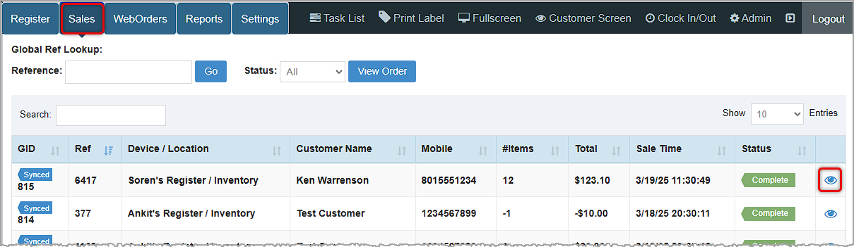Image of the Sales page of the Bottle POS highlighting the Eye icon, which you can click to view a transaction's details.