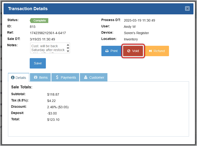 The Transaction Details window in the Bottle POS has a Void button authorized users can click to void transactions.
