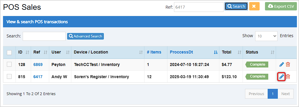 Image of the POS Sales area showing transactions that match a Ref ID suffix and highlighting the Pencil Icon the user can click to open and edit a transaction.