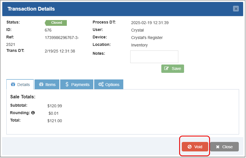 Image of the Transaction Details window where you can click to Void a transaction from the Back Office.