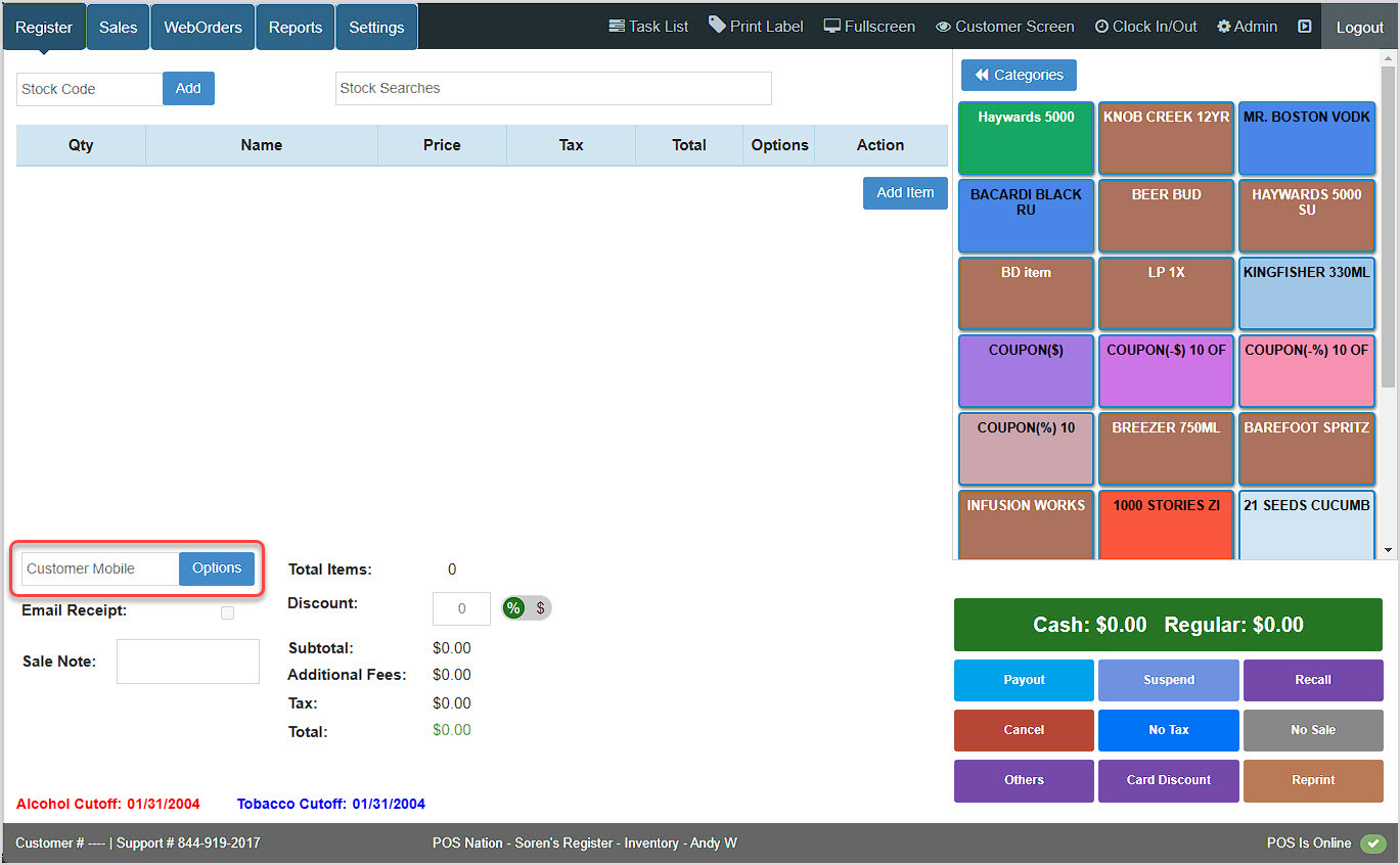 Image showing the Customer Search area of the BottlePOS Register with the Customer Mobile field highlighted.