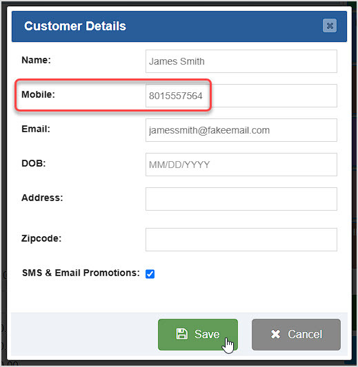 Image showing the Customer Details screen for adding a new customer in the BottlePOS Register with the Mobile phone field highlighted.