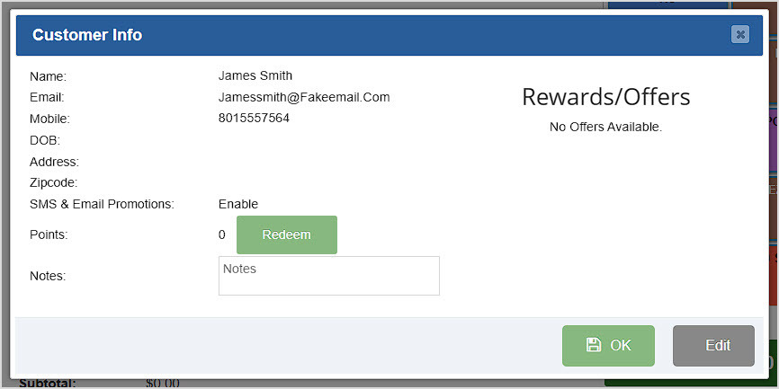 Image showing the Customer Info window of the BottlePOS Register.