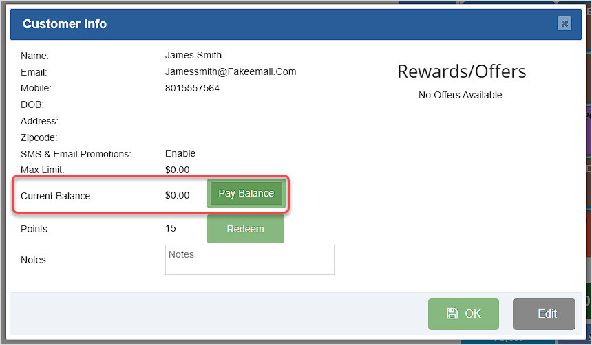 Image showing the Customer Info window of the BottlePOS Register highlighting the House Account balance functions.