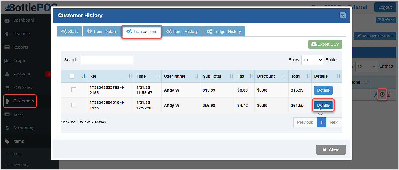 Image of the Transactions tab of the Customer History window of the BottlePOS Admin app highlighting the Details button users can click to view transaction details.
