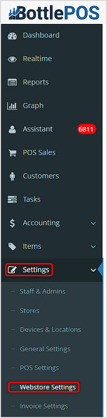 Image showing the main menu of the Bottle POS Admin with the Webstore Settings area of Settings highlighted.