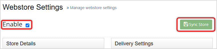 Image showing the Webstore Settings page of the Bottle POS Admin Settings area with store sync functions highlighted.