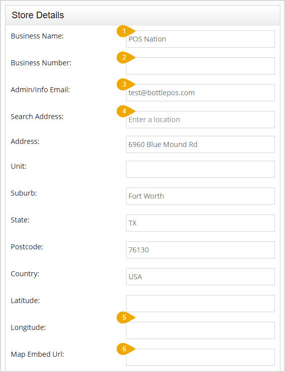 Image showing the Store Details area of the Webstore Settings page of the Bottle POS Admin with major functions highlighted.