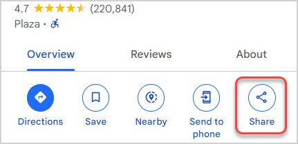Image showing the Google Map sidebar with the Share button highlighted.