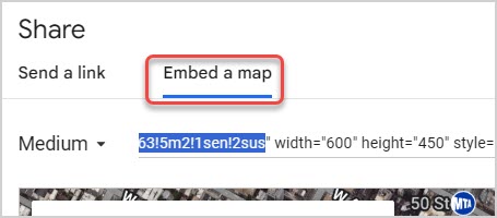 Image showing the Google Map Share sidebar with the Embed a Map tab highlighted.