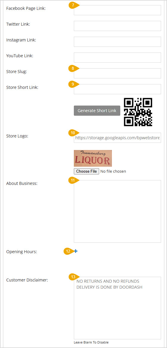 Image showing the lower part of the Store Details area of the Webstore Settings page of the Bottle POS Admin with major functions highlighted.