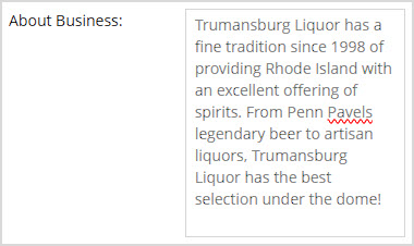 Image showing the About Business field of the Store Details area of the Webstore Settings page of the Bottle POS Admin.