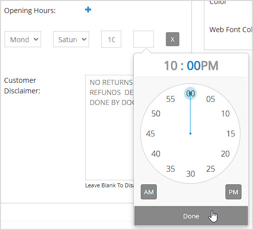 Image showing the Opening Hours setting of the Webstore Settings page of the Bottle POS Admin.