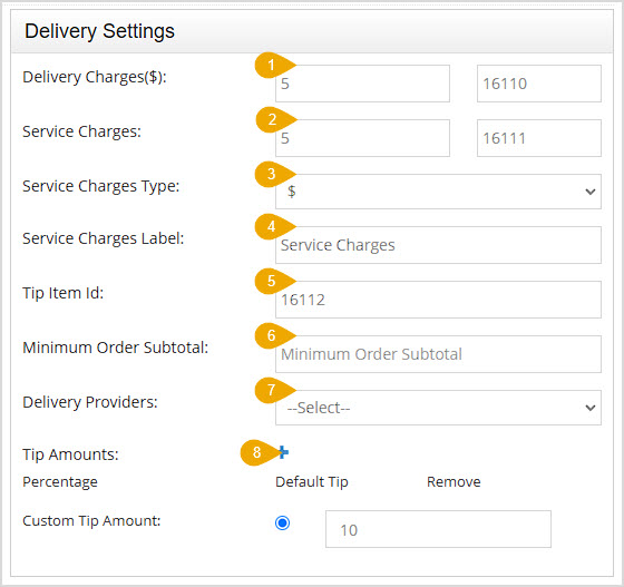 Image showing the lower part of the Delivery Settings area of the Webstore Settings page of the Bottle POS Admin with major functions highlighted.