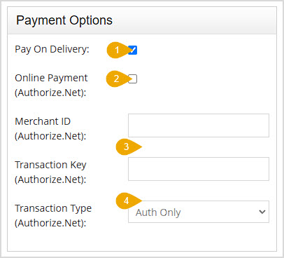 Image showing the Payment Options area of the Webstore Settings page of the Bottle POS Admin with major functions highlighted.