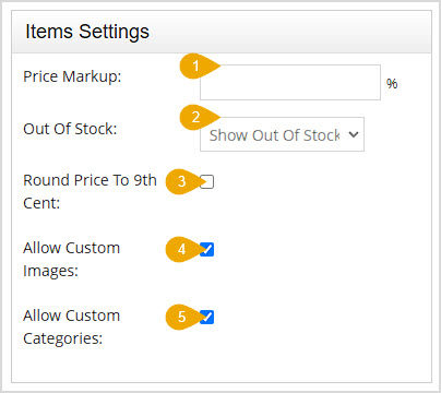 Image showing the Items Settings area of the Webstore Settings page of the Bottle POS Admin with major functions highlighted.