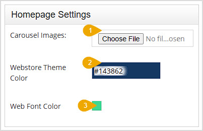 Image showing the Homepage Settings area of the Webstore Settings page of the Bottle POS Admin with major functions highlighted.