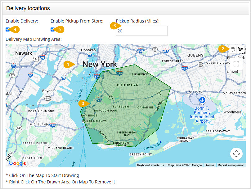 Image showing the Delivery Locations area of the Webstore Settings page of the Bottle POS Admin with major functions highlighted.