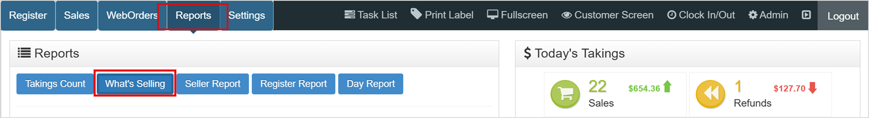 Displaying how to get to the What's Selling page, Reports > What's Selling in the Bottle POS app.