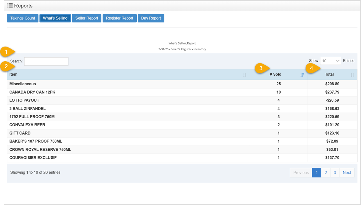 Image displaying the reports tab of the Bottle POS app, specifically showcasing the What’s Selling report page.