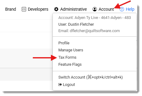 Image showing how to access Tax Forms in the Account menu of the Payments Portal.