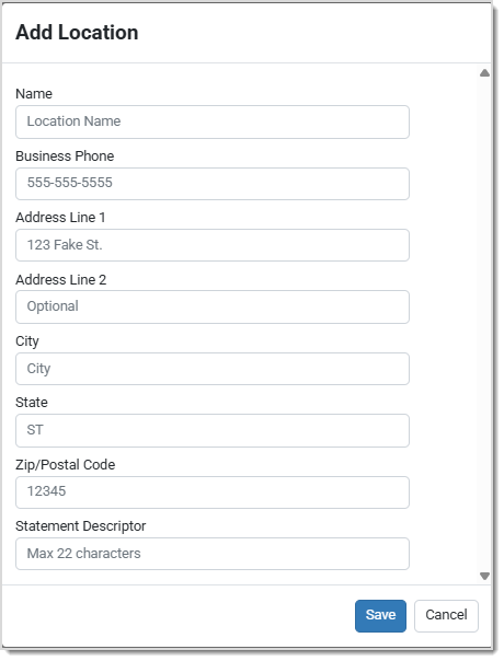 Image showing the Add Location area of the Payment Portal Profile page.