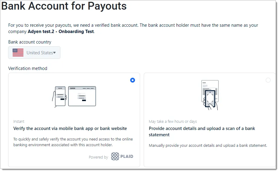 Image showing Bank Account Verification methods for the Payments portal.