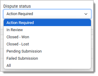 Image showing the statuses in the Status filter on the Disputes page of the Payment Portal.