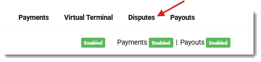 Image showing the Disputes page in the main navigation of the Bottle POS Payments Portal.