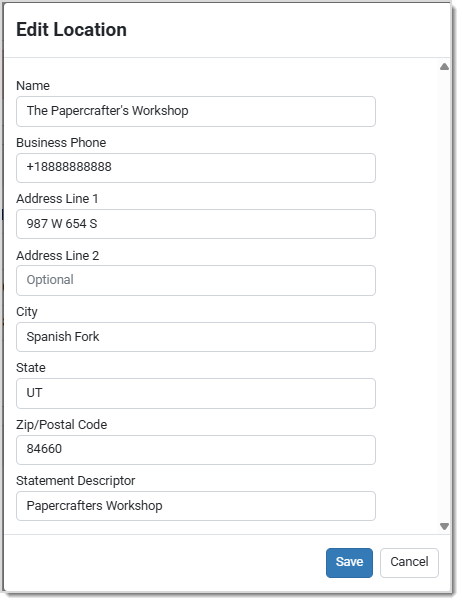 Image showing the Edit Location window of the Payment Portal Profile page.