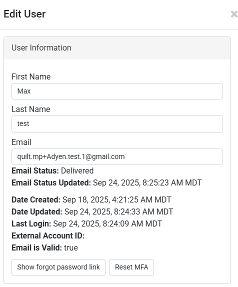 Image showing the Edit User panel of the Manage Users page of the Payments Portal.