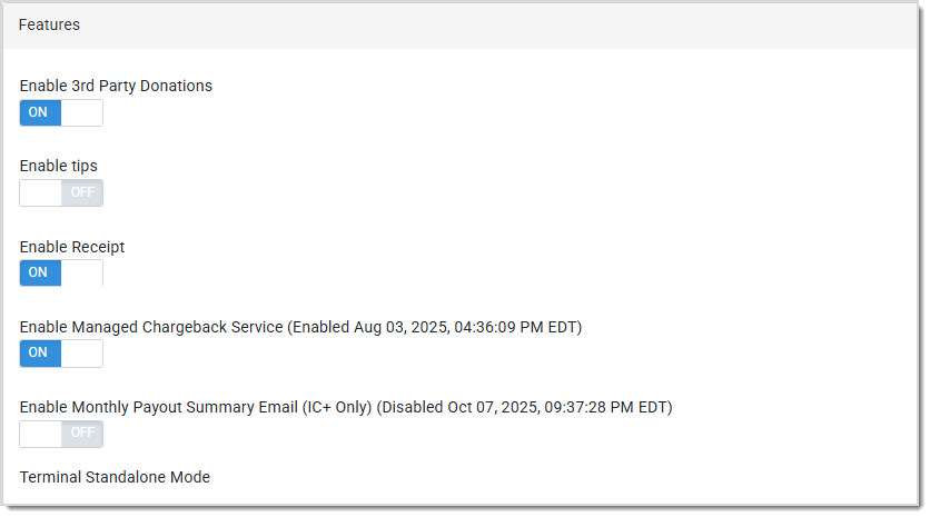 Image showing the Features area of the Payment Portal Profile page.