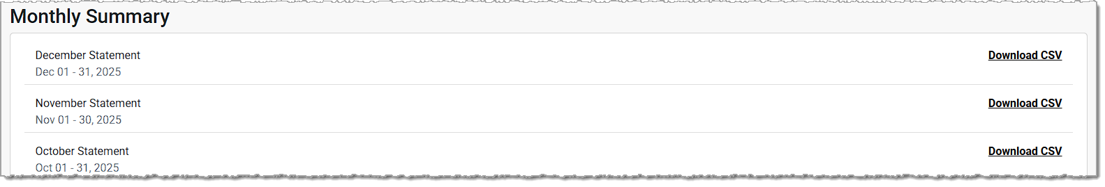 Image showing the Monthly Summary CSV download area of the Payments page of the Bottle POS Payments Portal.